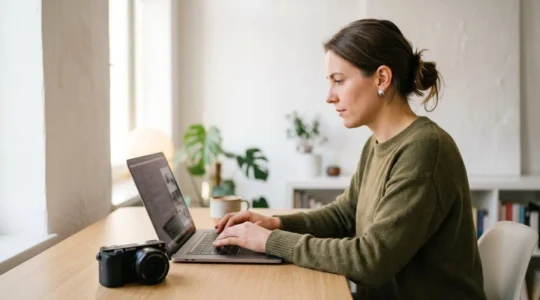 Solo creator editing professional video content using modern drag-and-drop software interface