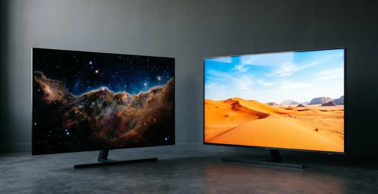 Two premium television screens side by side in a minimalist setting showcasing display technology contrast