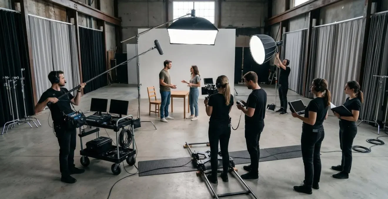 Professional film crew of six members coordinating efficiently on a modern production set with natural lighting and organized equipment