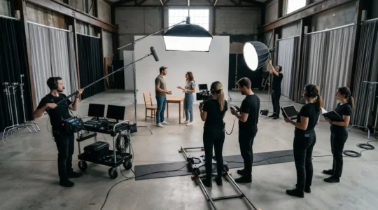 Professional film crew of six members coordinating efficiently on a modern production set with natural lighting and organized equipment