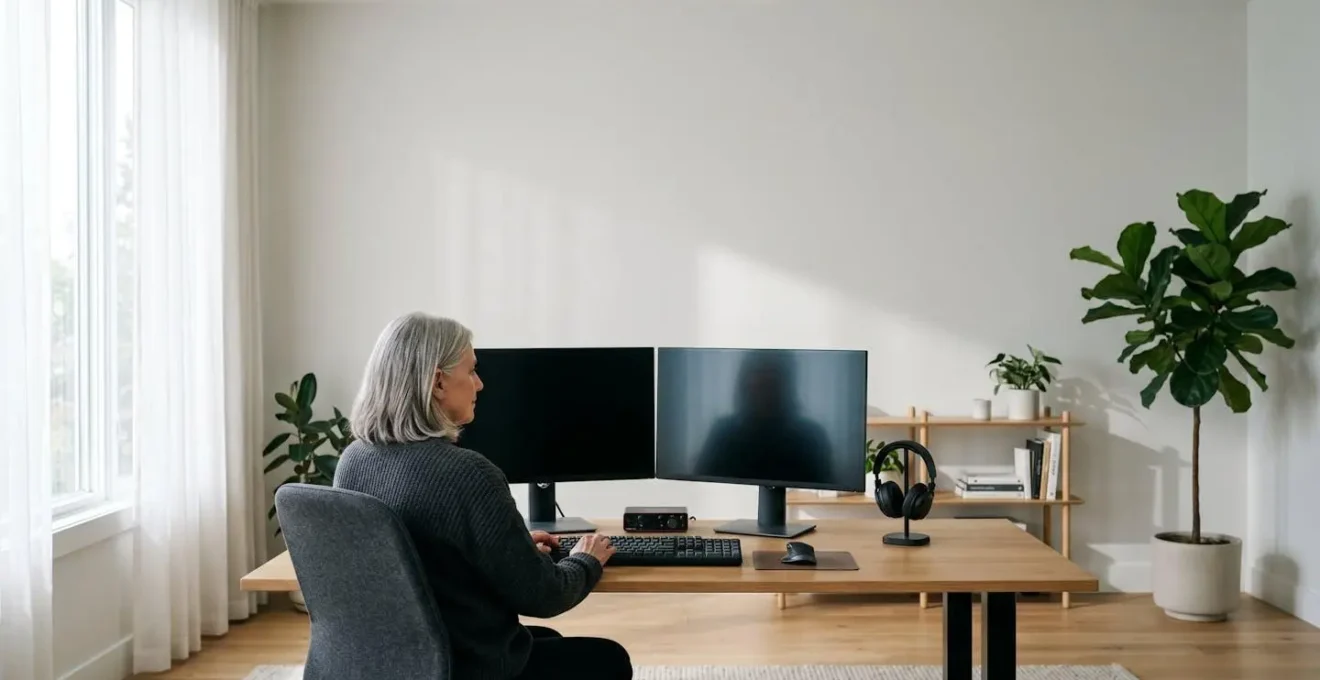Professional video editor working efficiently in organized editing suite with dual monitors and streamlined workspace