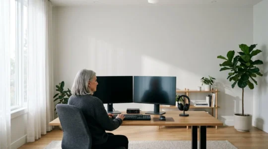 Professional video editor working efficiently in organized editing suite with dual monitors and streamlined workspace