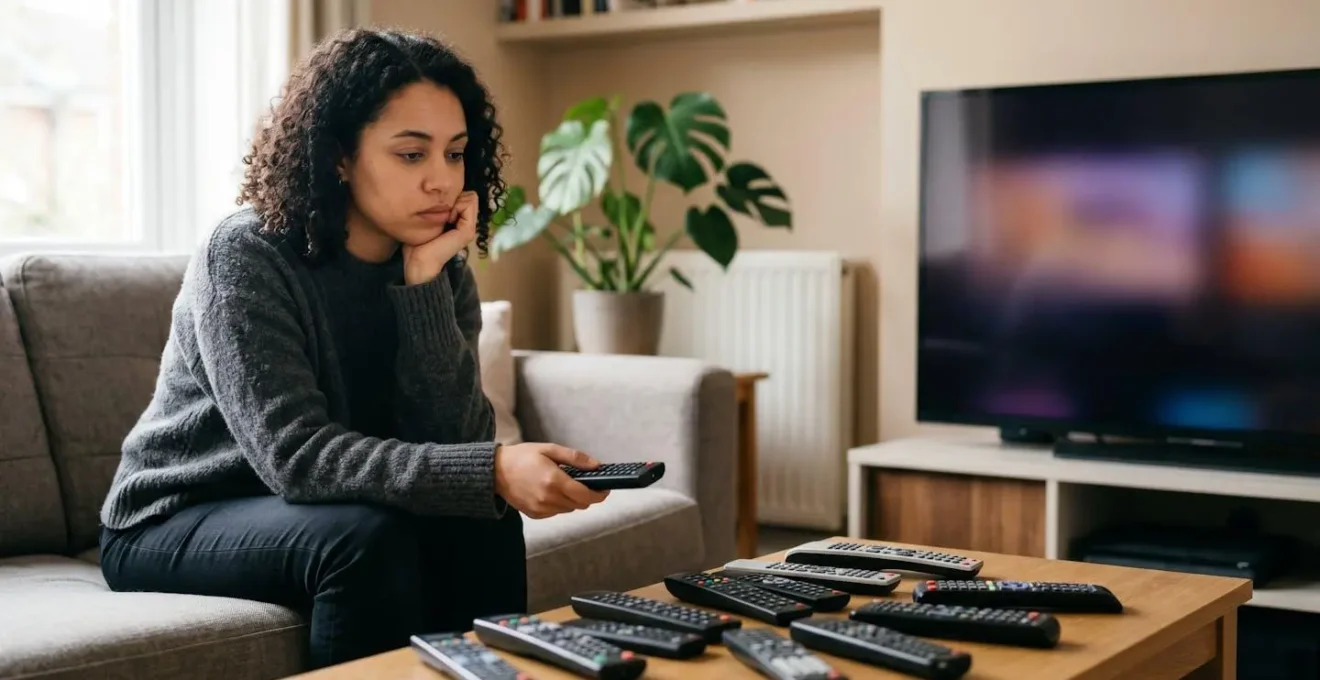 Person contemplating multiple streaming service remote controls in a modern living room setting