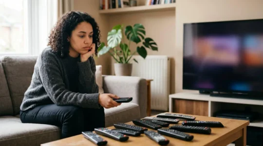 Person contemplating multiple streaming service remote controls in a modern living room setting