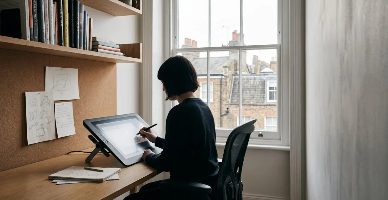 Independent UK animator working at professional digital animation workstation blending traditional hand-drawn techniques with modern software