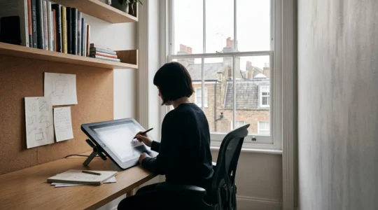 Independent UK animator working at professional digital animation workstation blending traditional hand-drawn techniques with modern software