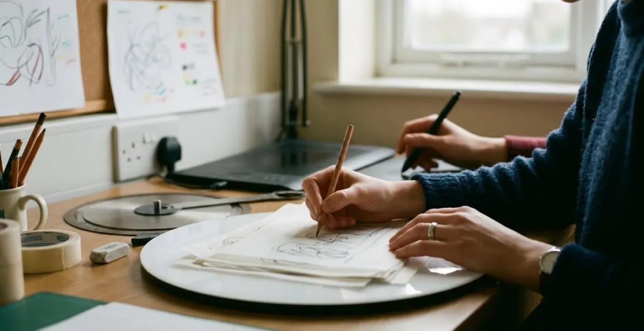 Close-up of animator's hands working on frame-by-frame animation with physical drawing tools and digital tablet side by side