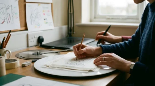 Close-up of animator's hands working on frame-by-frame animation with physical drawing tools and digital tablet side by side