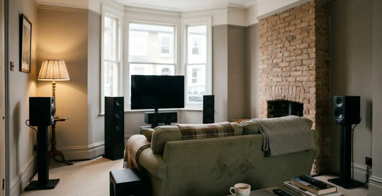 Modern UK living room with 7.1 surround sound speaker system setup showing proper speaker placement without professional installation