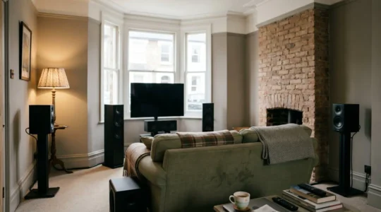 Modern UK living room with 7.1 surround sound speaker system setup showing proper speaker placement without professional installation