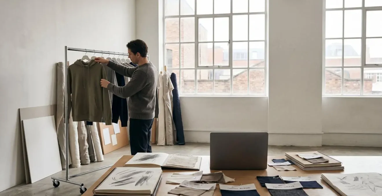 Content creator planning print-on-demand merchandise strategy with design materials and laptop in modern creative workspace