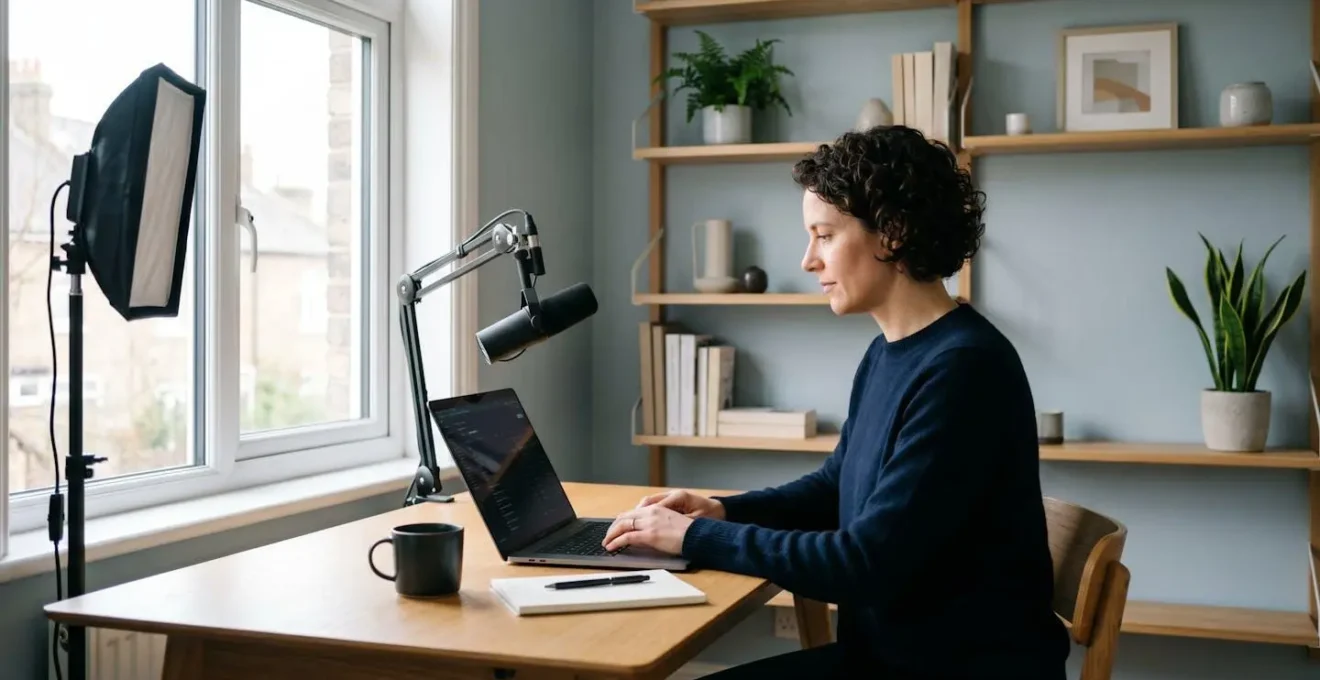 Professional tutorial creator analyzing revenue metrics in modern home studio setup