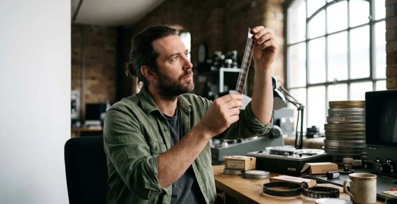 Independent filmmaker reviewing vintage film reels and digital archive footage options in natural studio light