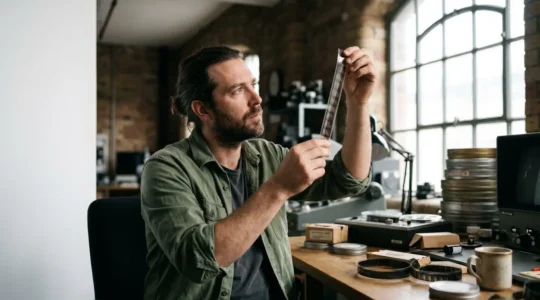Independent filmmaker reviewing vintage film reels and digital archive footage options in natural studio light