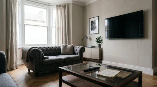 UK living room representing the choice between traditional Sky TV and modern streaming services