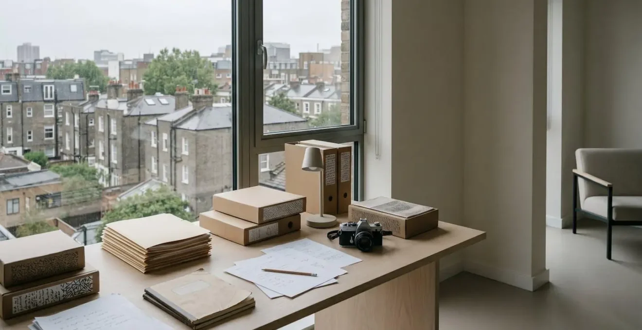 Professional investigative filmmaker reviewing legal documentation and evidence materials in natural workspace lighting