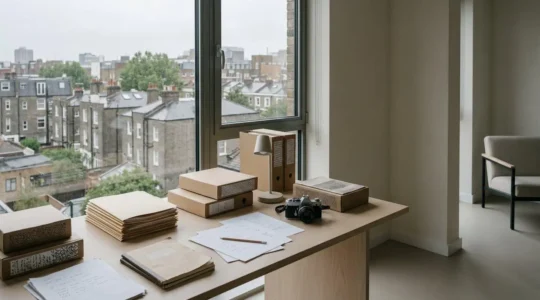 Professional investigative filmmaker reviewing legal documentation and evidence materials in natural workspace lighting