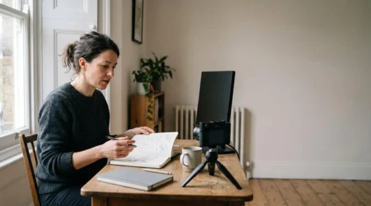 Independent UK content creator filming authentic video content in home studio environment