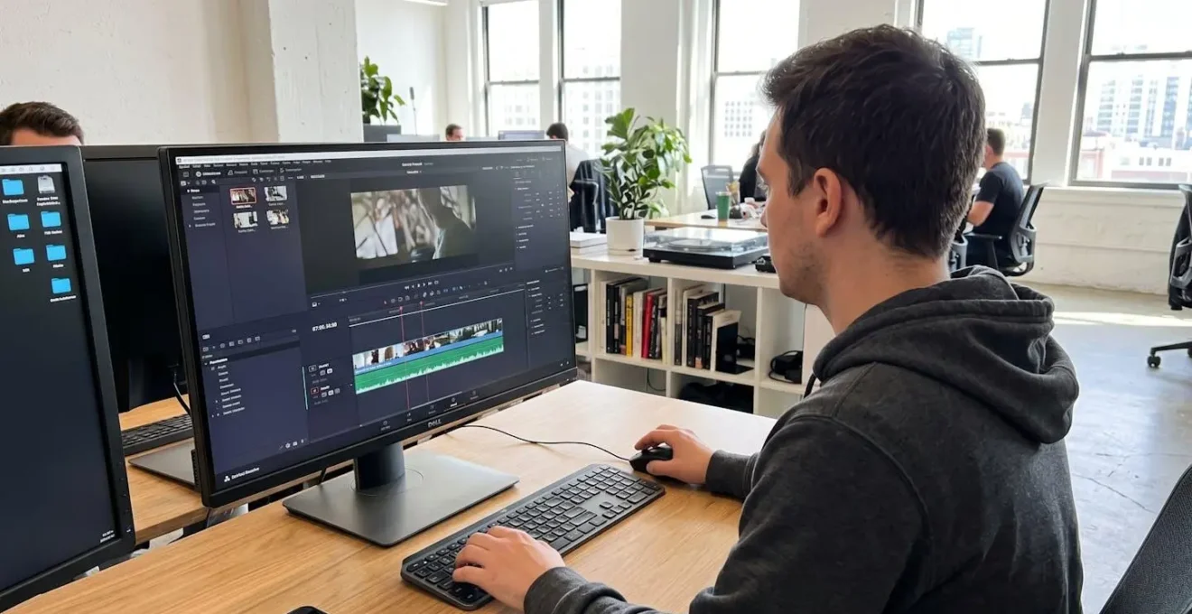 Over-the-shoulder view of a person editing video on a large monitor in a bright contemporary office