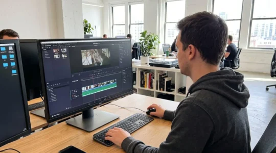 Over-the-shoulder view of a person editing video on a large monitor in a bright contemporary office