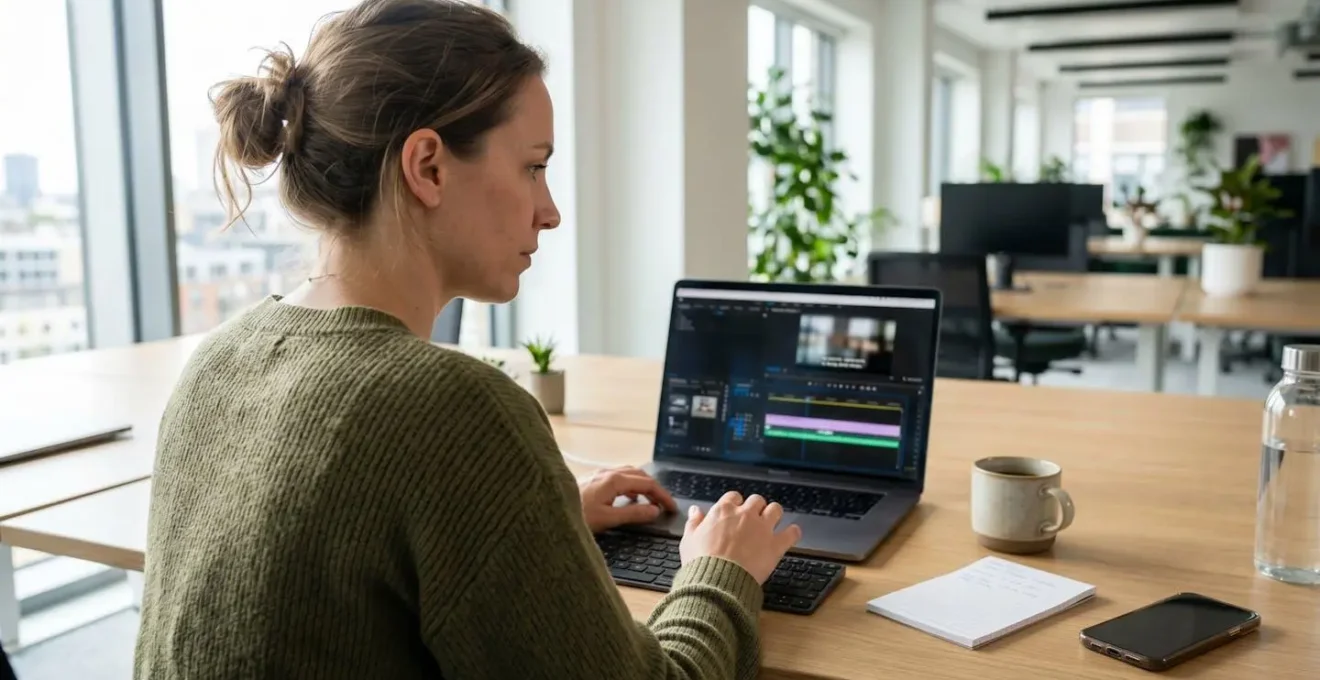 A video production professional works at a laptop in a bright modern office, reviewing subtitle editing software with focused concentration