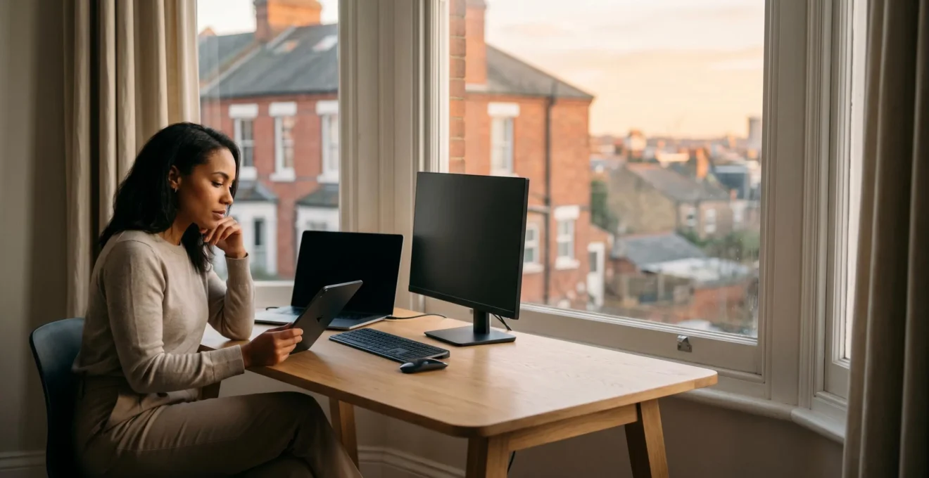 Professional content creator reviewing video analytics with visible caption placement guides on screen in modern UK workspace