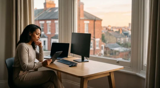 Professional content creator reviewing video analytics with visible caption placement guides on screen in modern UK workspace