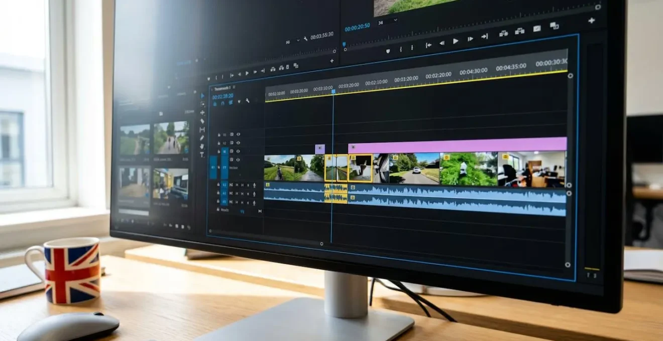 Close-up of a video editing timeline showing colourful trimming markers and playhead on a modern monitor with blurred thumbnails in the background