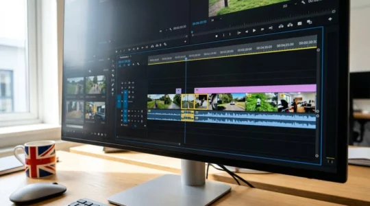 Close-up of a video editing timeline showing colourful trimming markers and playhead on a modern monitor with blurred thumbnails in the background