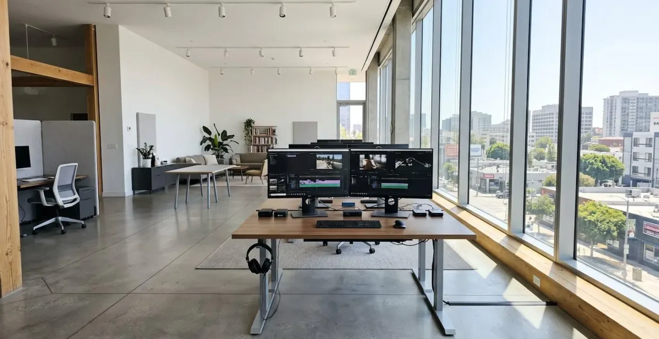 A bright, contemporary video production office with large windows, editing monitors on clean desks, and minimalist professional furniture in natural daylight